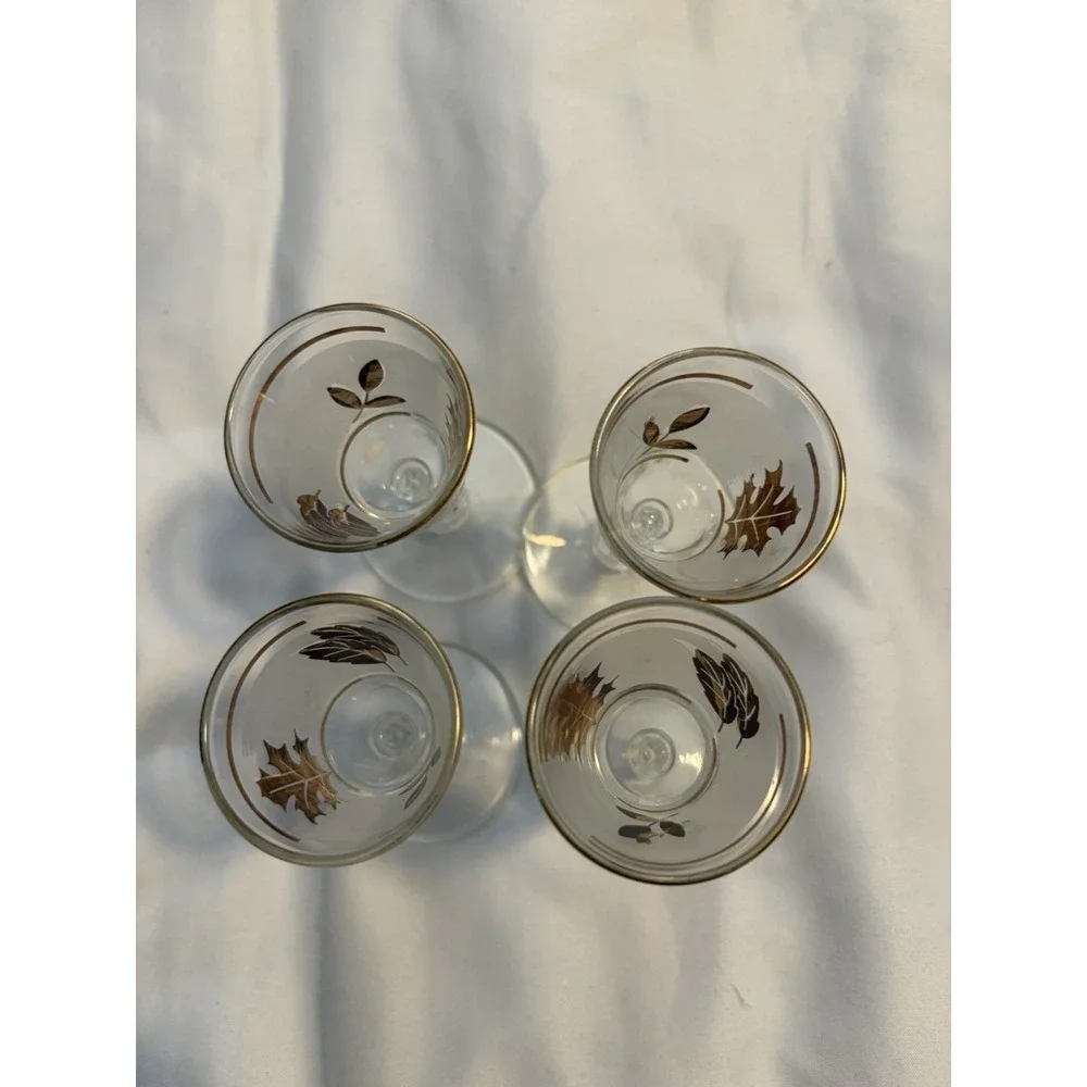 Libbey Shot Glasses Vintage Frosted Gold Leaf Design Clear Set of‎ 4